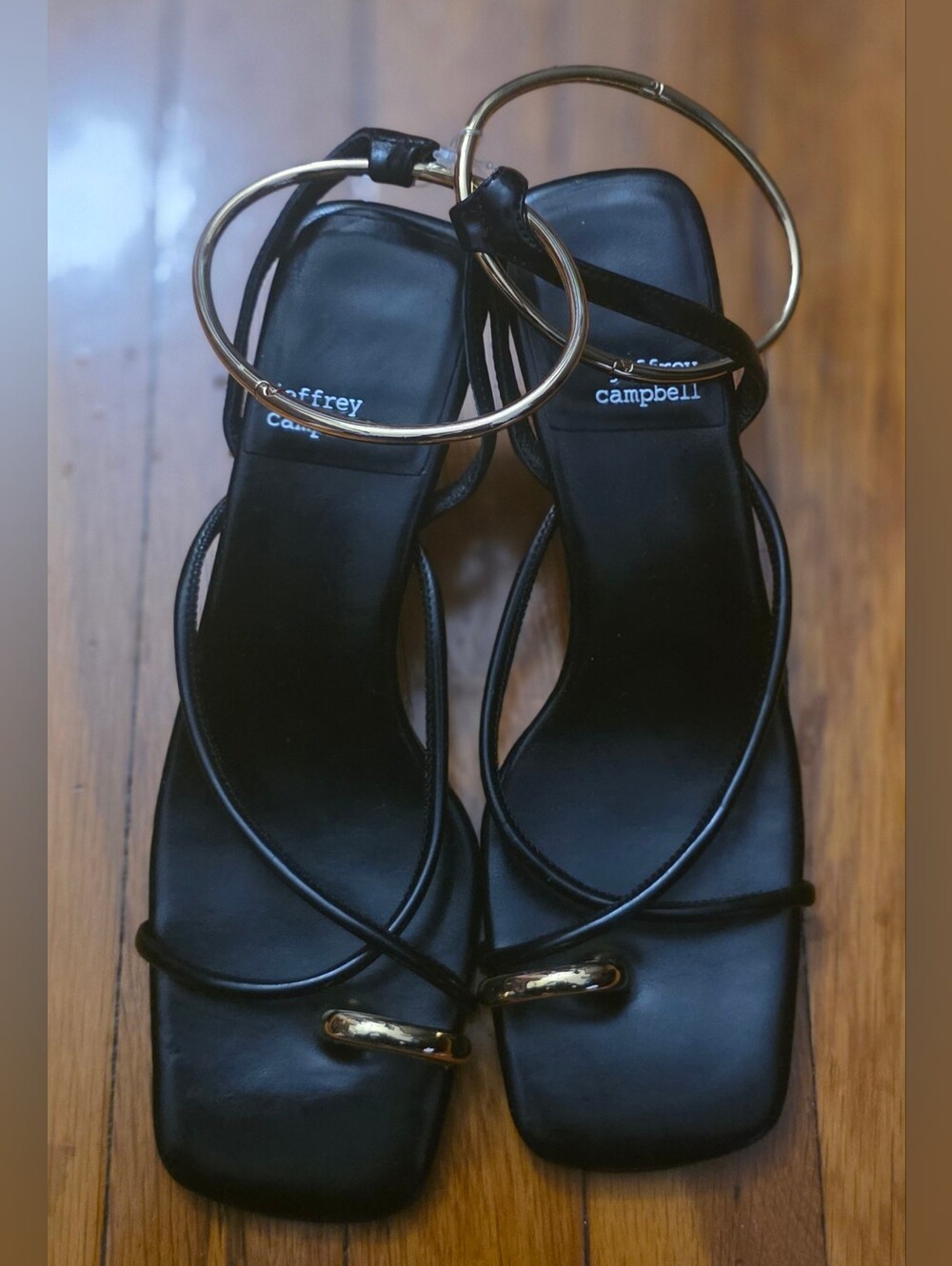 Jeffrey Campbell Black Strappy Sandal with Gold Sculptural Heel. New Without Tag - Picture 6 of 6